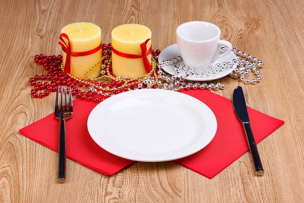 Table setting on wooden background