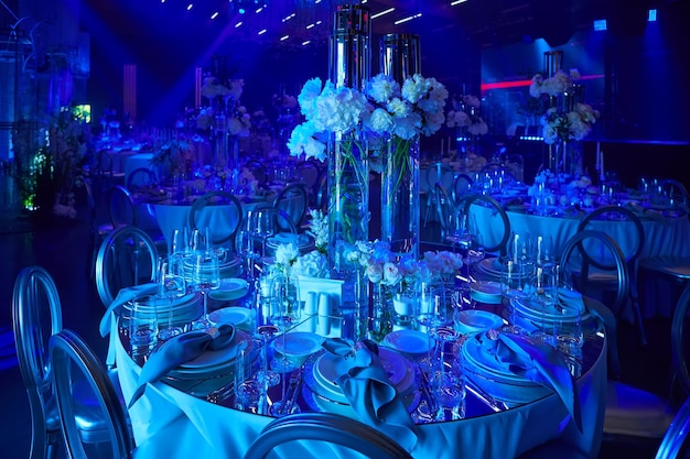 Table setup in blue light Ready to event Shallow dof