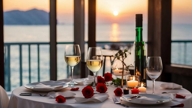 Настройка стола для пары в ресторане с видом на океан в День святого Валентина с бокалами вина