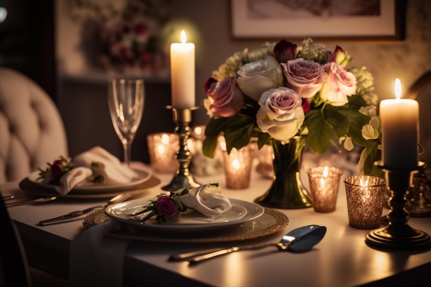 Table setup for a romantic celebration on Valentines Day at home