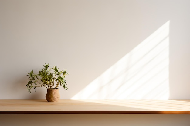 Table shadow background wooden table and white empty wall with plant shadows