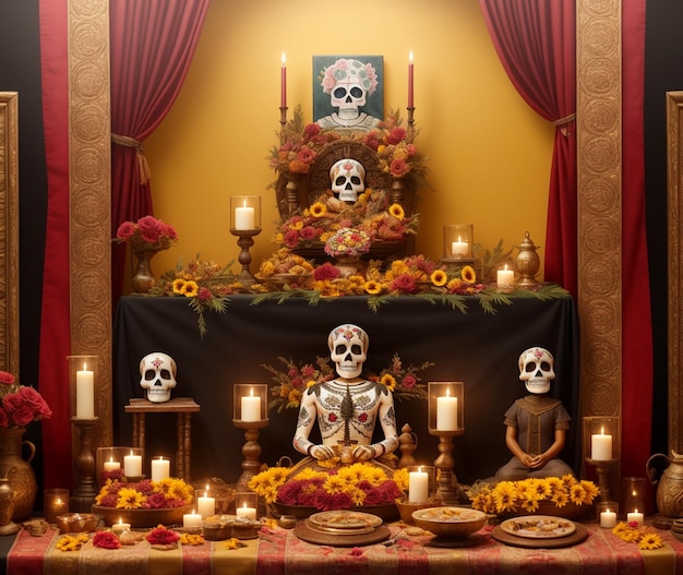 A table of skulls with candles and flowers on it