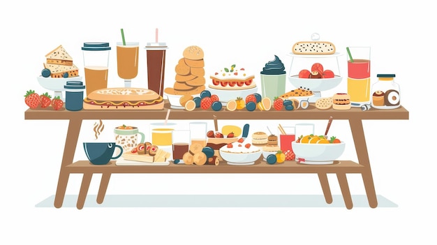 Foto tavolo smorgasbord con cibo e bevande per la colazione e il pasto mattutino caffè panetteria e snack stazione per il pranzo self-service