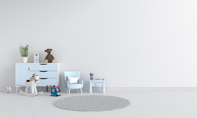 Photo table and sofa in white child room interior