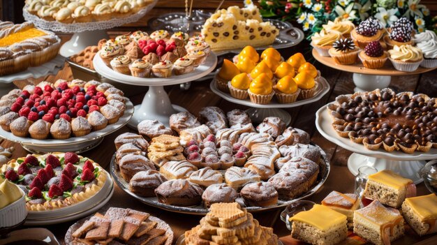 A table spread with an array of mouthwatering pastries and confections inviting a delightful treat
