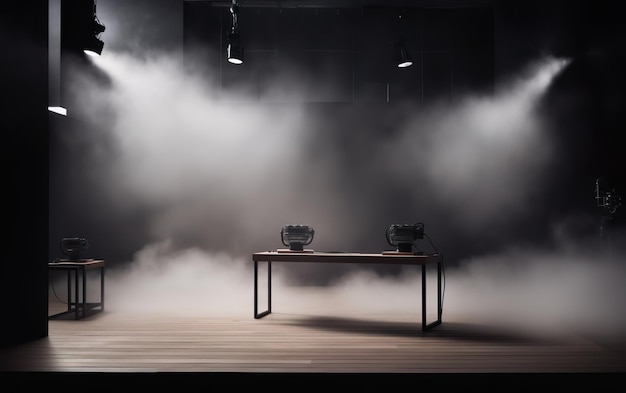 A table on a stage with smoke coming out of it