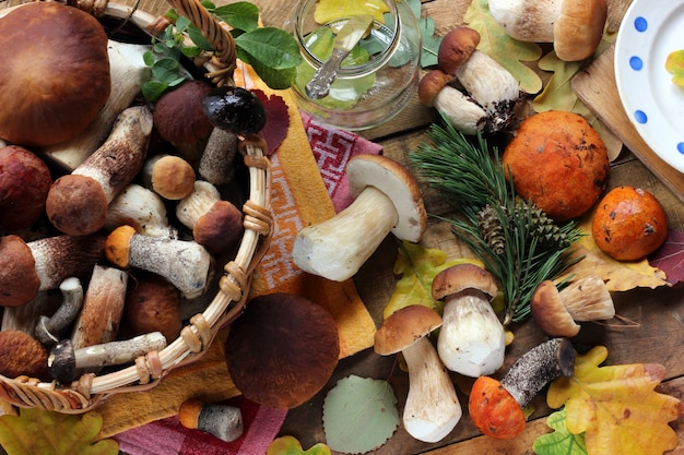 Table still life with mushrooms. 