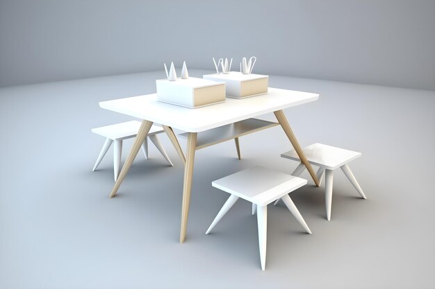 A table and stools are set up in a white room.