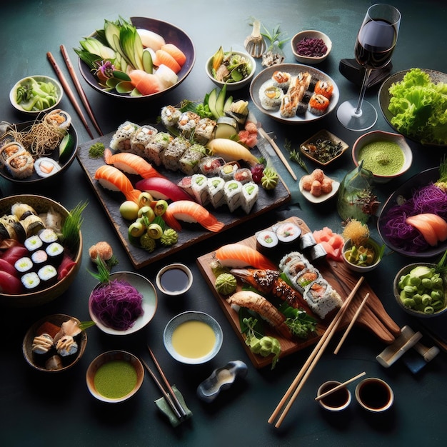 Table of sushi and Japaneseinspired dishes