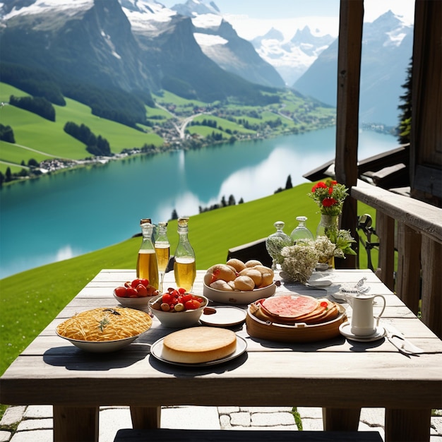 Стол, на котором стоит еда. Швейцария, красивая терраса, швейцарские Альпы, успокаивающая и уютная земля.