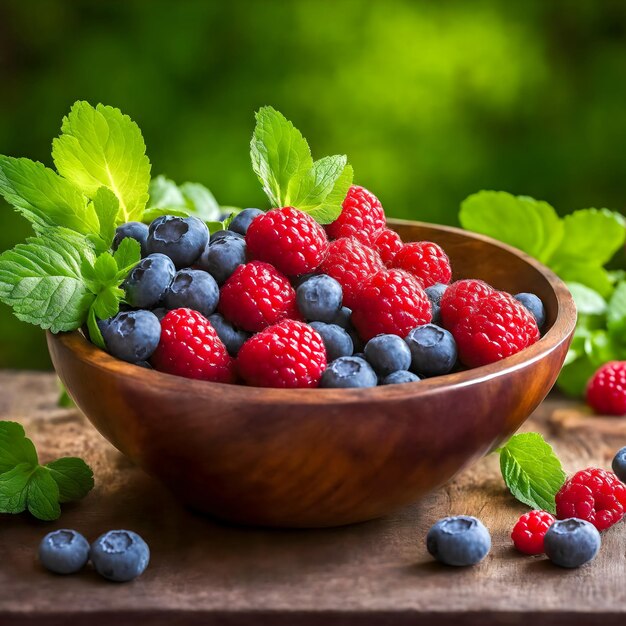 On the table there is a wooden cup with ripe raspberries and blueberries Generative AI