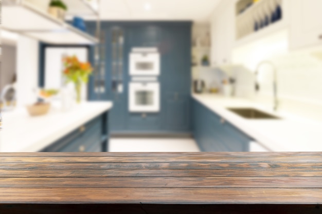 Table top in a blurred kitchen in the background.