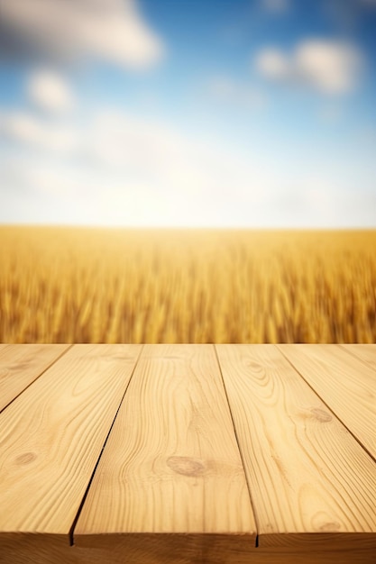 The table top is empty with a blurry farm background Generative AI