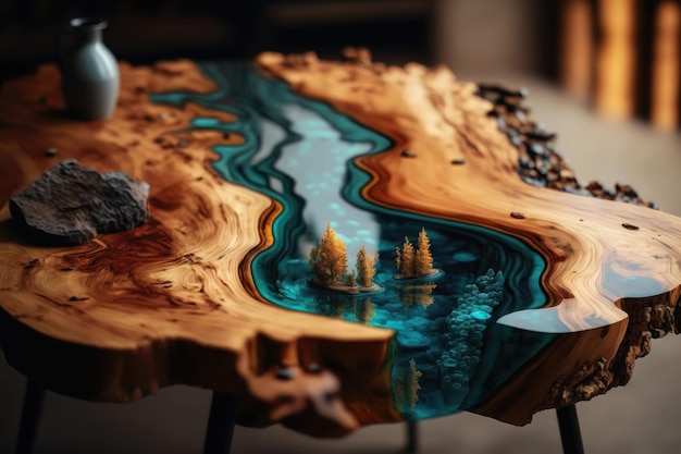 The table top made of epoxy resin and wood AI generation