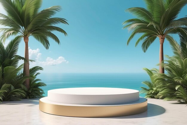 Table top podium stage stand on tropical palm tree background for product placement 3d render