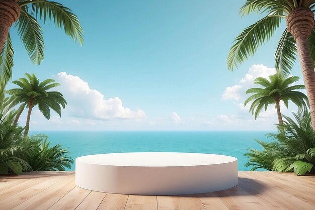 Table top podium stage stand on tropical palm tree background for product placement 3d render