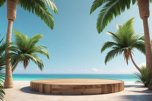 Table top podium stage stand on tropical palm tree background for product placement 3d render