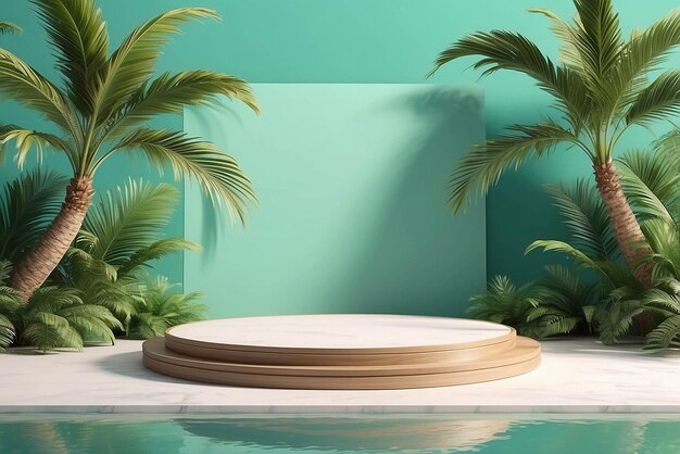 Photo table top podium stage stand on tropical palm tree background for product placement 3d render