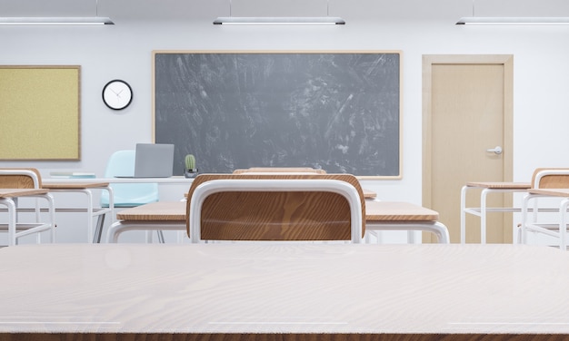 Table top in a school classroom with blackboard in the background. concept of education and back to school. 3d rendering