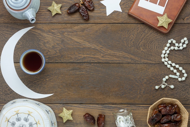 Table top view aerial image of decoration Ramadan Kareem holiday background.