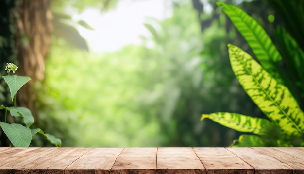 Table top wood in nature outdoors tropical forest garden blurred green background