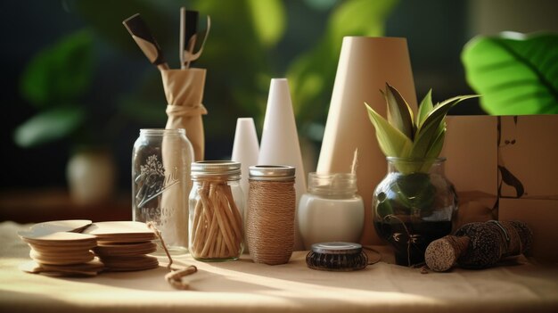 Table Topped With Abundant Jars Filled With Plants