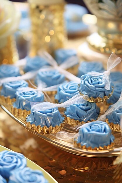 a table topped with blue cupcakes covered in frosting