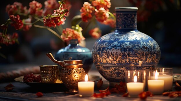 Photo table topped with blue vase filled with candles