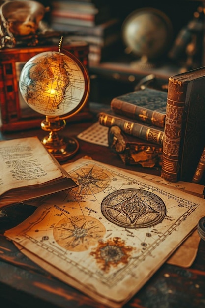 a table topped with books and a globe