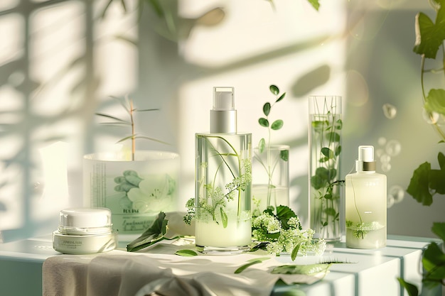 A table topped with bottles of body care and plants next to a window with a curtain on it and a