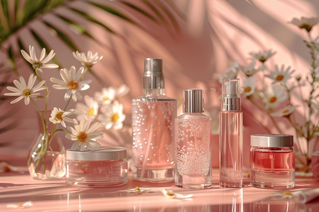 A table topped with bottles of different types of perfumes and flowers in vases next to each other