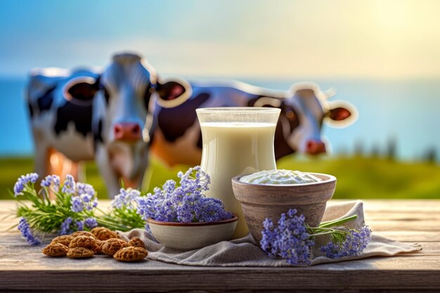 Table topped with bowl of milk and bowl of nuts next to cow Generative AI