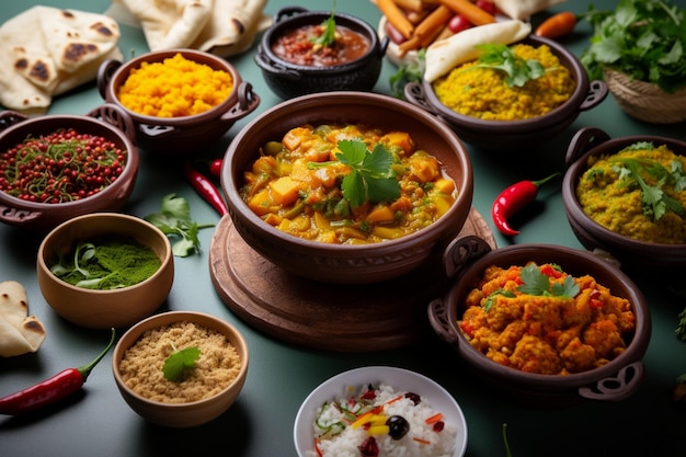 Photo a table topped with bowls of different types of indian food