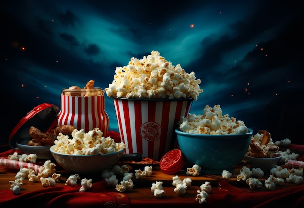 A table topped with bowls filled with popcorn