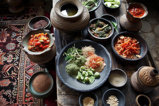 Photo a table topped with bowls of food and bowls of sauces