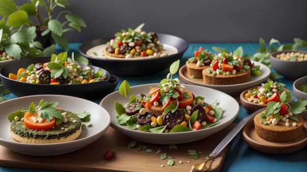 a table topped with bowls of food and a knife on top of a cutting board