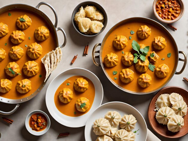 A Table Topped With Bowls Of Soup And Dumps