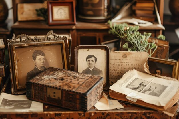 A table topped with boxes and pictures of people