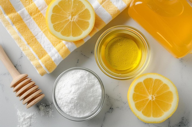 a table topped with lemon slices and a jar of honey