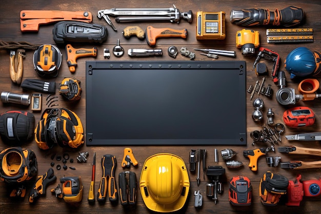 A table topped with lots of different tools and instruments Copy empty space