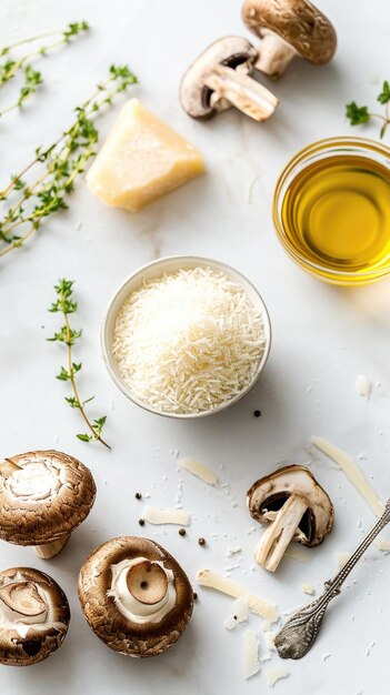 Foto un tavolo coperto di funghi, formaggio e olio d'oliva