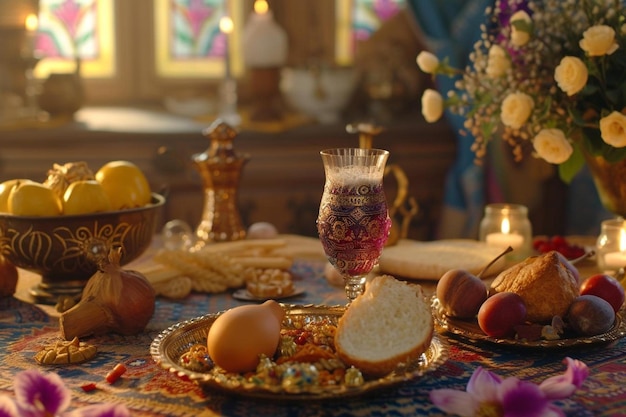 Photo a table topped with a plate of food and a glass of wine