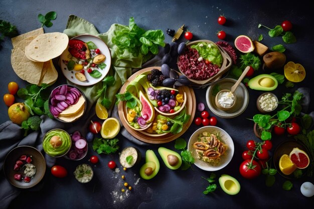 Table topped with plates and bowls filled with different types of vegetables and fruits Generative AI