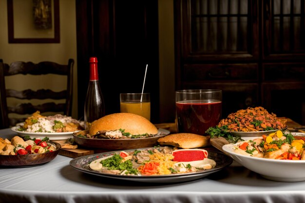 A Table Topped With Plates Of Food And A Bottle Of Wine