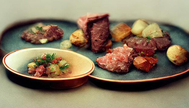 さまざまな種類の野菜や肉が盛り付けられた皿とボウルが置かれたテーブル ジェネレーティブ Ai