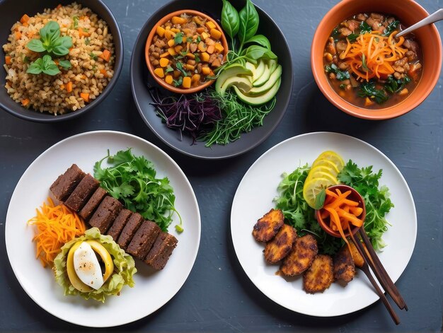 a table topped with plates of food and bowls of food on it