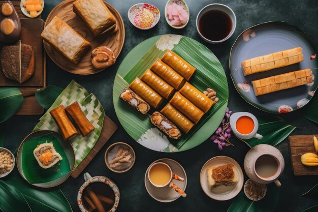 A table topped with plates of food next to cups of coffee Generative AI image