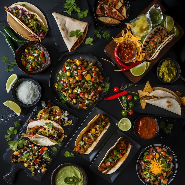 A table topped with tacos and salsas and other foods on plates and bowls of sauces and condiments