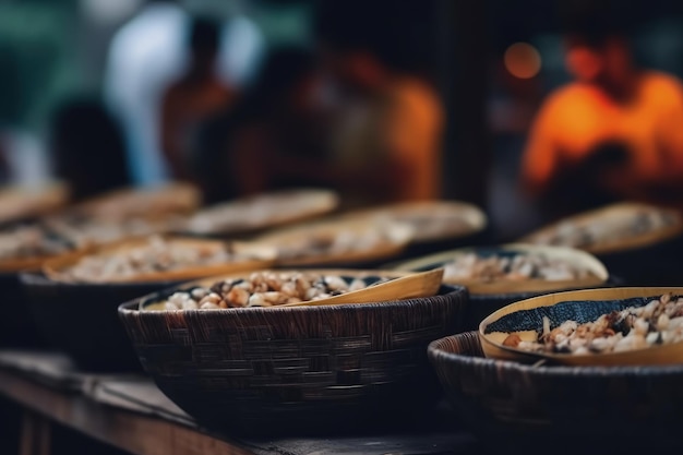 A table topped with wooden bowls filled with food generative AI