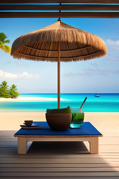 Table in a tropical beach blurred background